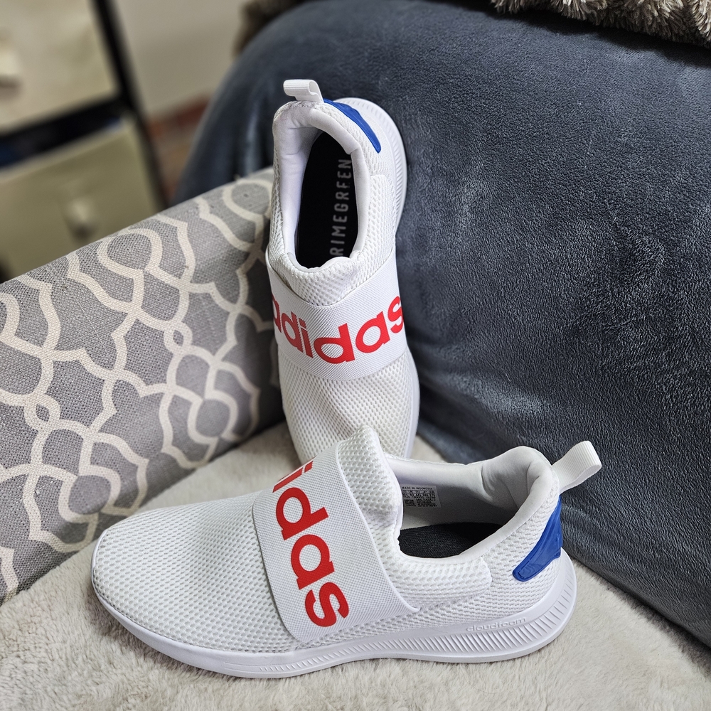 adidas Men’s White Slip-On Sneakers with Red Logo and Blue Heel Tab
